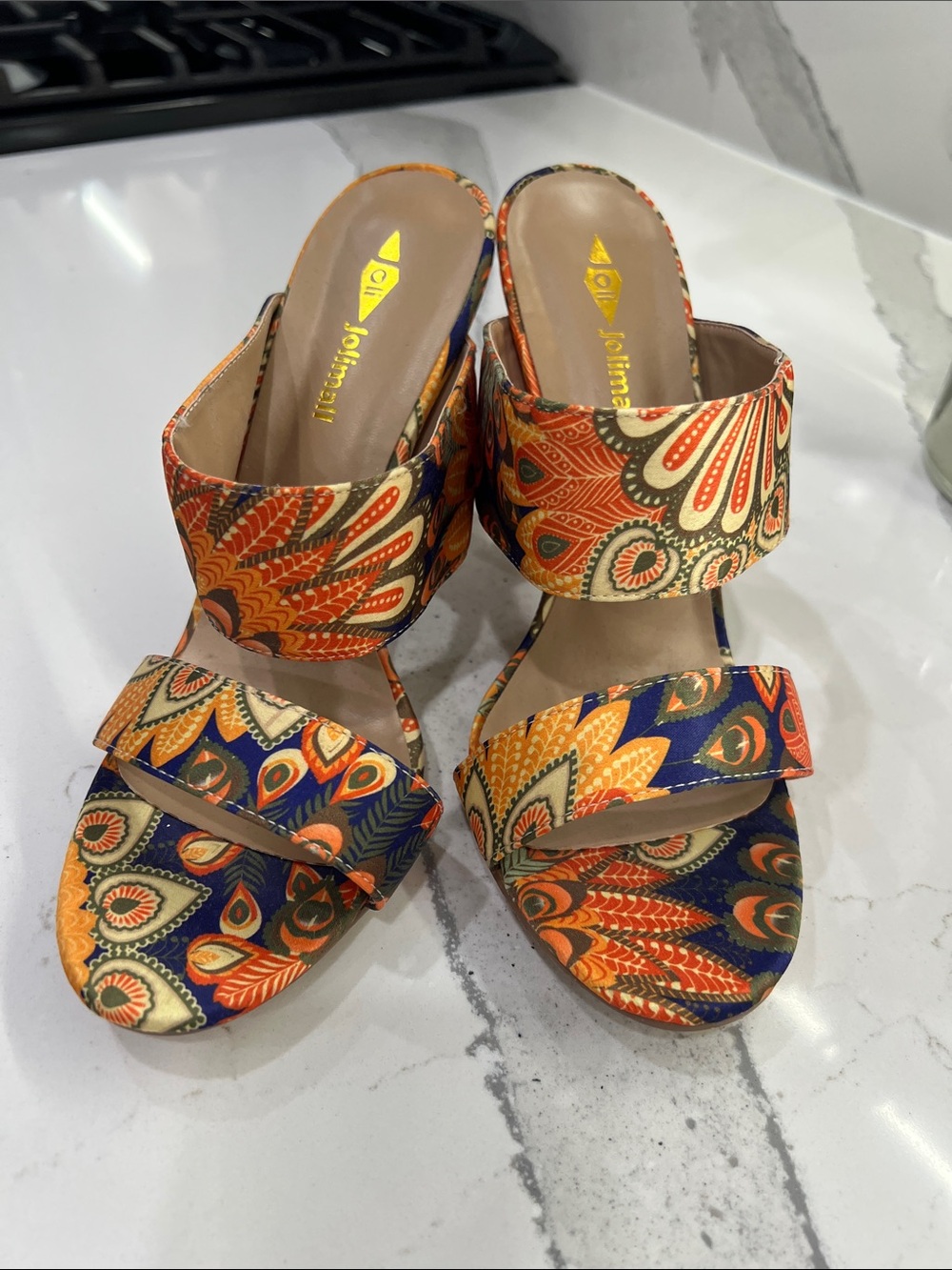 Printed Double-Strap Mules in Orange & Navy by Johnna